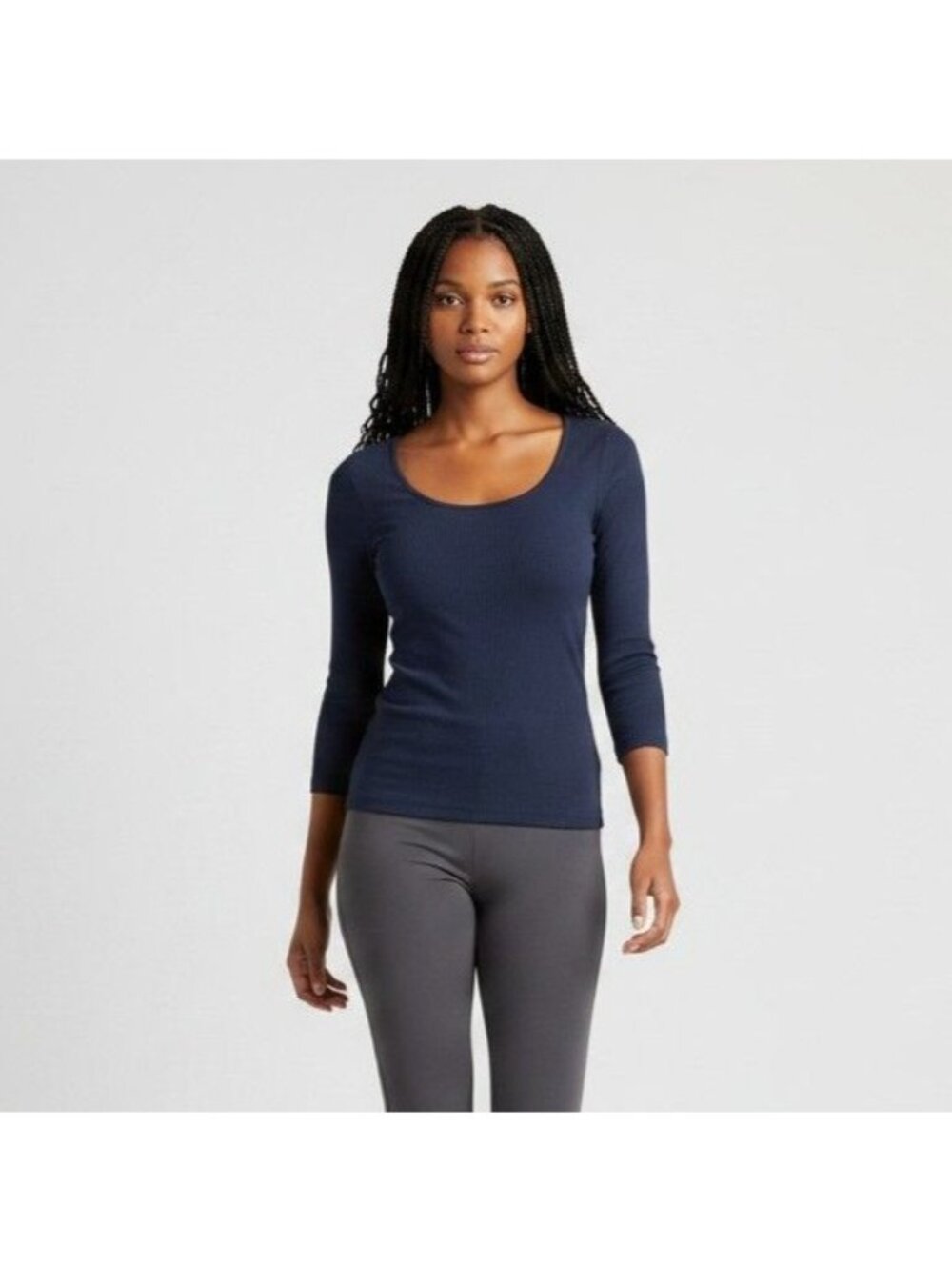 SPANX Ribbed Scoop Neck Midnight Navy Stretch Long Sleeve Top M Athleisure close